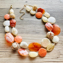 Load image into Gallery viewer, Natural carnelian Beaded 2 strand Statement Necklace, Chunky Bib double Jewelry Light orange stone jewelry, gemstone layering red cream gold