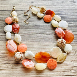 Natural carnelian Beaded 2 strand Statement Necklace, Chunky Bib double Jewelry Light orange stone jewelry, gemstone layering red cream gold