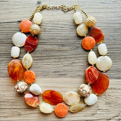 Natural carnelian Beaded 2 strand Statement Necklace, Chunky Bib double Jewelry Light orange stone jewelry, gemstone layering red cream gold