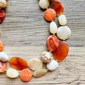 Natural carnelian Beaded 2 strand Statement Necklace, Chunky Bib double Jewelry Light orange stone jewelry, gemstone layering red cream gold