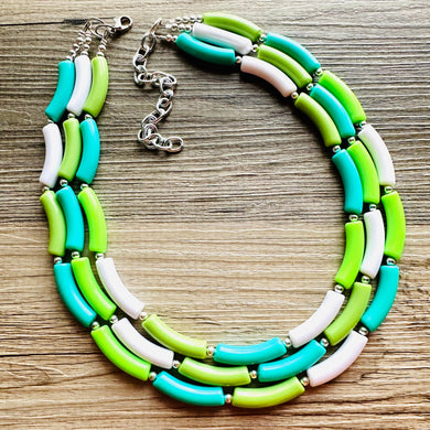 Green Gleam Big Beaded Necklace, chunky emerald necklace white vacation geometric triple 3 strand OOAK lime grass Kelly