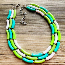 Load image into Gallery viewer, Green Gleam Big Beaded Necklace, chunky emerald necklace white vacation geometric triple 3 strand OOAK lime grass Kelly
