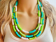 Load image into Gallery viewer, Green Gleam Big Beaded Necklace, chunky emerald necklace white vacation geometric triple 3 strand OOAK lime grass Kelly