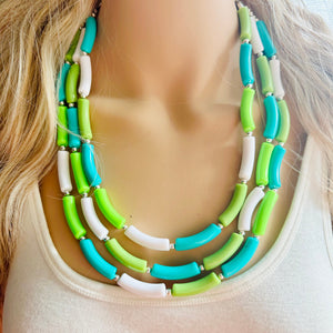 Green Gleam Big Beaded Necklace, chunky emerald necklace white vacation geometric triple 3 strand OOAK lime grass Kelly