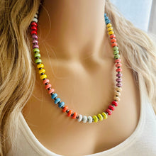 Load image into Gallery viewer, Rainbow Porcelain Block Layering Rainbow Beaded 1 Strand Necklace, Colorful Jewelry, Chunky statement jelly bean confetti silver bubble