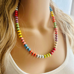 Rainbow Porcelain Block Layering Rainbow Beaded 1 Strand Necklace, Colorful Jewelry, Chunky statement jelly bean confetti silver bubble