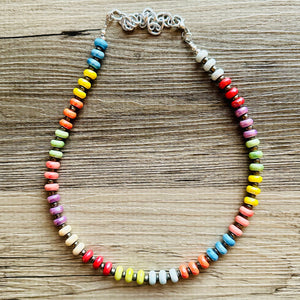 Rainbow Porcelain Block Layering Rainbow Beaded 1 Strand Necklace, Colorful Jewelry, Chunky statement jelly bean confetti silver bubble