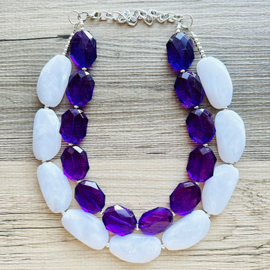 White Purple Necklace, multi strand jewelry, big beaded chunky statement necklace, purple necklace, bridesmaid necklace, bib necklace