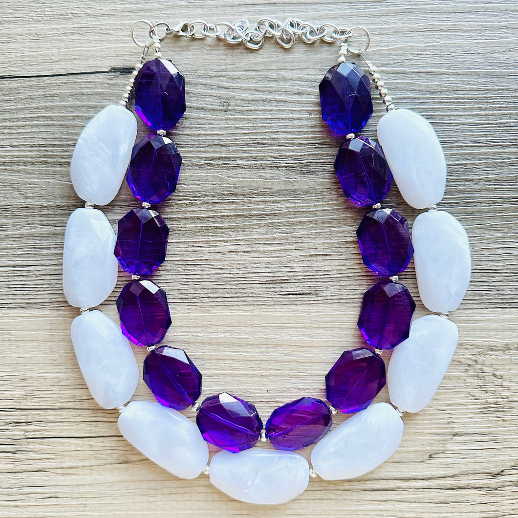 White Purple Necklace, multi strand jewelry, big beaded chunky statement necklace, purple necklace, bridesmaid necklace, bib necklace