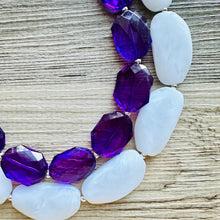 Load image into Gallery viewer, White Purple Necklace, multi strand jewelry, big beaded chunky statement necklace, purple necklace, bridesmaid necklace, bib necklace
