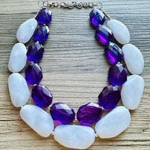 Load image into Gallery viewer, White Purple Necklace, multi strand jewelry, big beaded chunky statement necklace, purple necklace, bridesmaid necklace, bib necklace