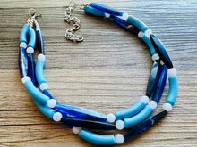 Load image into Gallery viewer, Vacation Blues Beach Necklace, multi strand bright blue jewelry, big beaded chunky necklace, white royal blue dark statement animal print