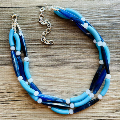 Vacation Blues Beach Necklace, multi strand bright blue jewelry, big beaded chunky necklace, white royal blue dark statement animal print