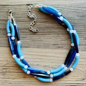 Vacation Blues Beach Necklace, multi strand bright blue jewelry, big beaded chunky necklace, white royal blue dark statement animal print