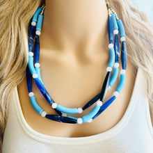 Load image into Gallery viewer, Vacation Blues Beach Necklace, multi strand bright blue jewelry, big beaded chunky necklace, white royal blue dark statement animal print