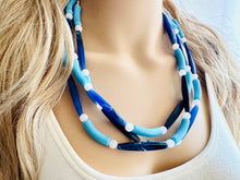 Load image into Gallery viewer, Vacation Blues Beach Necklace, multi strand bright blue jewelry, big beaded chunky necklace, white royal blue dark statement animal print