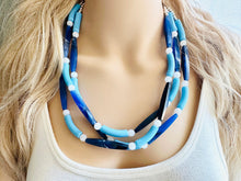 Load image into Gallery viewer, Vacation Blues Beach Necklace, multi strand bright blue jewelry, big beaded chunky necklace, white royal blue dark statement animal print