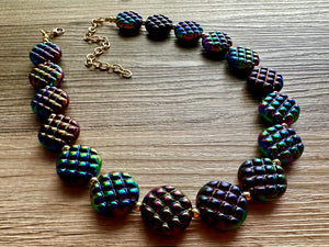 Rainbow Multi Color Chunky Statement Necklace, rainbow single strand, black necklace, bubble jewelry, cardigan rainbow jewelry