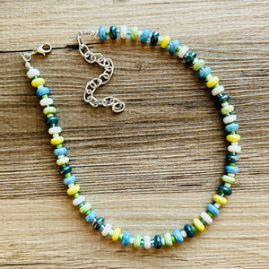 Ocean Green Porcelain Block Layering Rainbow Beaded 1 Strand Necklace, Colorful Jewelry, Chunky statement lime, jelly bean confetti blue