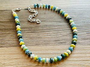 Ocean Green Porcelain Block Layering Rainbow Beaded 1 Strand Necklace, Colorful Jewelry, Chunky statement lime, jelly bean confetti blue