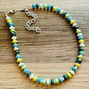 Ocean Green Porcelain Block Layering Rainbow Beaded 1 Strand Necklace, Colorful Jewelry, Chunky statement lime, jelly bean confetti blue