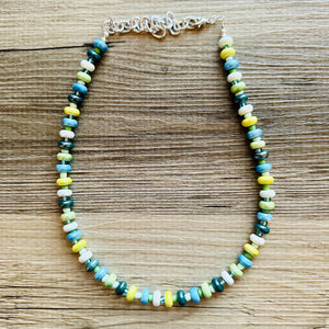 Ocean Green Porcelain Block Layering Rainbow Beaded 1 Strand Necklace, Colorful Jewelry, Chunky statement lime, jelly bean confetti blue