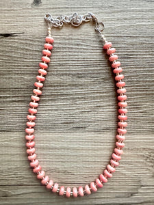 Coral Porcelain Block Layering Rainbow Beaded 1 Strand Necklace, Colorful Jewelry, Chunky statement necklace, jelly bean peach silver