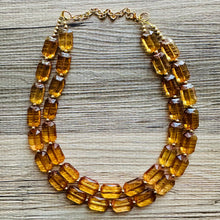 Load image into Gallery viewer, Light Brown &amp; Clear Necklace, double strand jewelry, big beaded chunky statement necklace, bridesmaid necklace olive green resin beads
