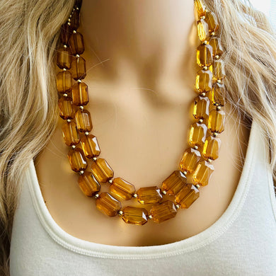 Light Brown & Clear Necklace, double strand jewelry, big beaded chunky statement necklace, bridesmaid necklace olive green resin beads