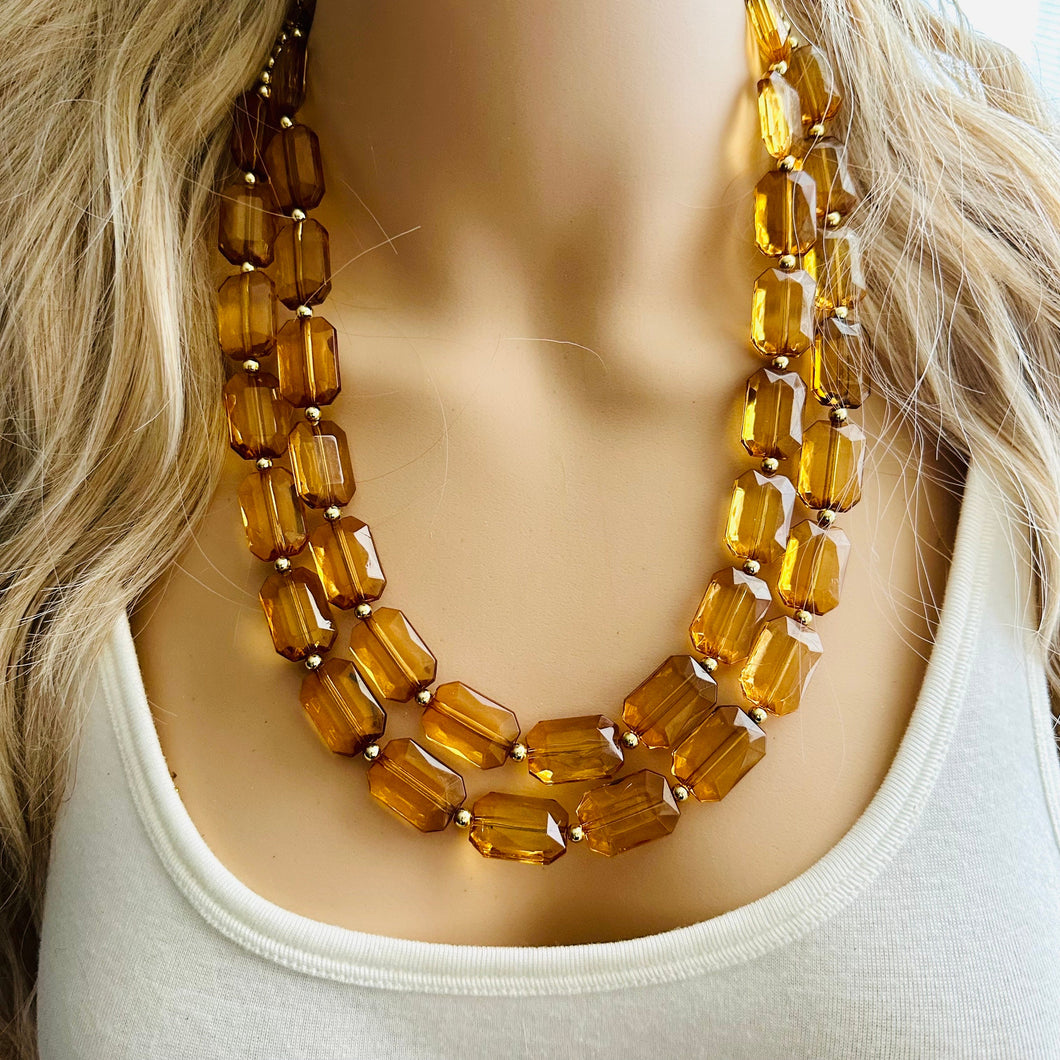 Light Brown & Clear Necklace, double strand jewelry, big beaded chunky statement necklace, bridesmaid necklace olive green resin beads