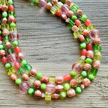 Load image into Gallery viewer, Watermelon statement necklace, pink and green, Beaded statement necklace, long coral necklace, green necklace, statement jewelry