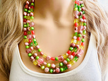 Load image into Gallery viewer, Watermelon statement necklace, pink and green, Beaded statement necklace, long coral necklace, green necklace, statement jewelry