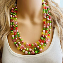 Load image into Gallery viewer, Watermelon statement necklace, pink and green, Beaded statement necklace, long coral necklace, green necklace, statement jewelry