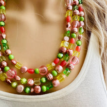 Load image into Gallery viewer, Watermelon statement necklace, pink and green, Beaded statement necklace, long coral necklace, green necklace, statement jewelry