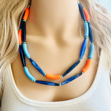 Orange & Blue Color Block Chunky Statement Necklace, Big beaded jewelry, 2 Strand Statement Necklace, Bib dark blue orange beaded