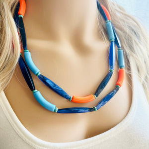 Orange & Blue Color Block Chunky Statement Necklace, Big beaded jewelry, 2 Strand Statement Necklace, Bib dark blue orange beaded