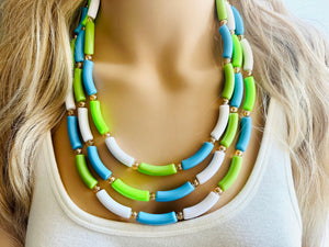 Vacation Seascape Statement Necklace, chunky bib beaded jewelry, green white blue necklace, dark blue beaded green jewelry gold