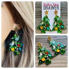 Load image into Gallery viewer, Christmas Drop Earrings, Green Christmas Tree, Small Holiday Earrings, Holiday Gifts for Her or Christmas Party, dangle ornament Santa