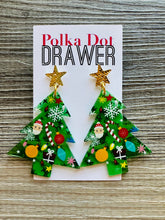 Load image into Gallery viewer, Christmas Drop Earrings, Green Christmas Tree, Small Holiday Earrings, Holiday Gifts for Her or Christmas Party, dangle ornament Santa