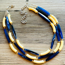 Load image into Gallery viewer, Blueberry Lemonade 3 Strand Necklace, navy blue jewelry, chunky geometric yellow beaded statement cream champagne