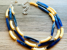 Load image into Gallery viewer, Blueberry Lemonade 3 Strand Necklace, navy blue jewelry, chunky geometric yellow beaded statement cream champagne