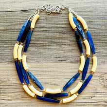 Load image into Gallery viewer, Blueberry Lemonade 3 Strand Necklace, navy blue jewelry, chunky geometric yellow beaded statement cream champagne