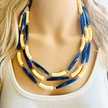 Load image into Gallery viewer, Blueberry Lemonade 3 Strand Necklace, navy blue jewelry, chunky geometric yellow beaded statement cream champagne