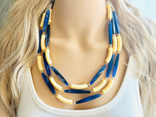 Load image into Gallery viewer, Blueberry Lemonade 3 Strand Necklace, navy blue jewelry, chunky geometric yellow beaded statement cream champagne