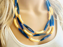 Load image into Gallery viewer, Blueberry Lemonade 3 Strand Necklace, navy blue jewelry, chunky geometric yellow beaded statement cream champagne