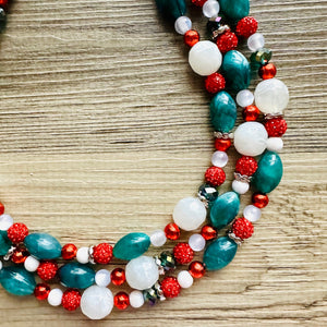 Christmas Necklace, Red Green White Holiday Jewelry, Christmas Jewelry, Silver Jewelry, Beaded Christmas Gift Christmas Present December