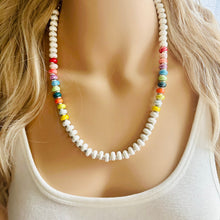 Load image into Gallery viewer, Rainbow Porcelain Block Layering Rainbow Beaded 1 Strand Necklace, Colorful Jewelry, Chunky statement jelly bean confetti silver bubble