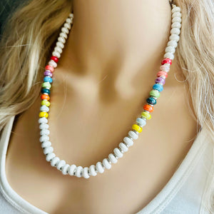 Rainbow Porcelain Block Layering Rainbow Beaded 1 Strand Necklace, Colorful Jewelry, Chunky statement jelly bean confetti silver bubble