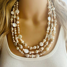 Load image into Gallery viewer, Victorian Vintage Pearl Statement Necklace, chunky beaded jewelry, chunky tan champagne necklace, block beaded necklace, lace white cream