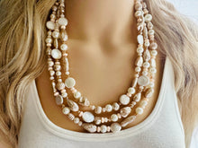 Load image into Gallery viewer, Victorian Vintage Pearl Statement Necklace, chunky beaded jewelry, chunky tan champagne necklace, block beaded necklace, lace white cream